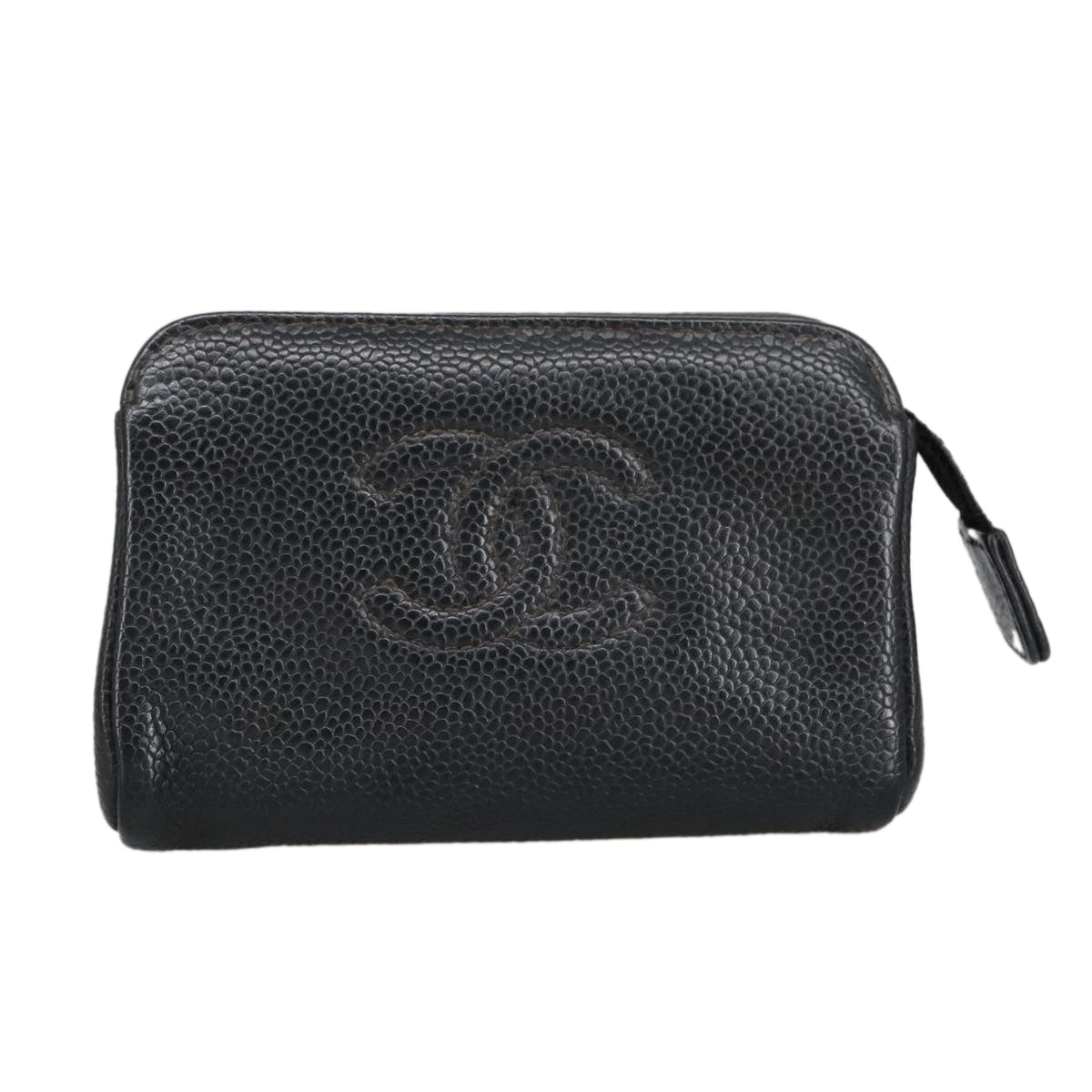 CHANEL COCO Mark Pouch Caviar Skin Black Gold CC Auth am7126