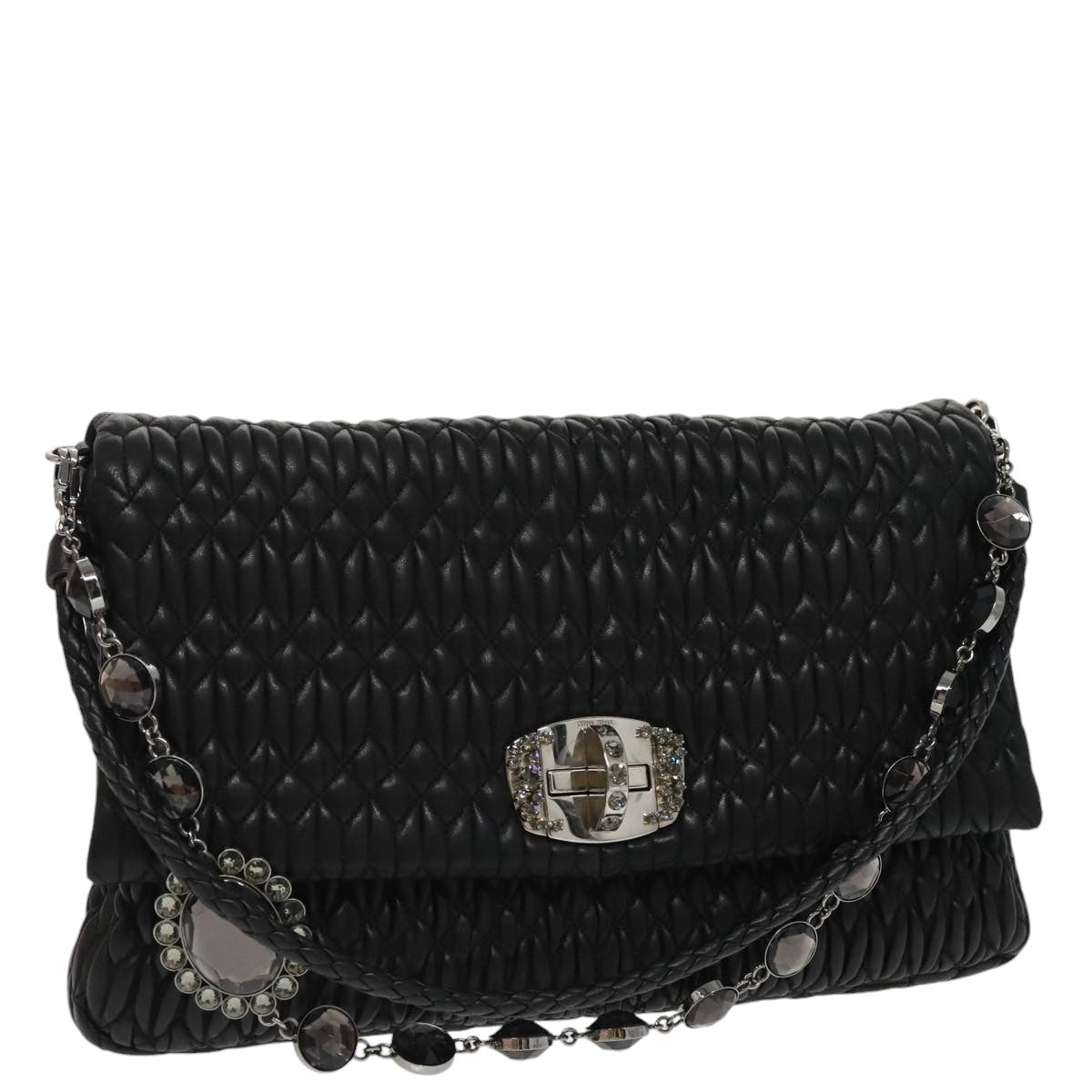 Miu Miu Matelasse Bijoux Shoulder Bag Leather Black Auth am7147SAV