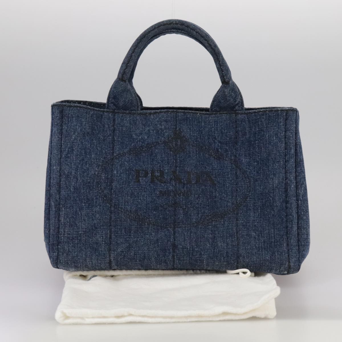 PRADA Canapa PM Hand Bag Denim Blue Gold Auth am7316V
