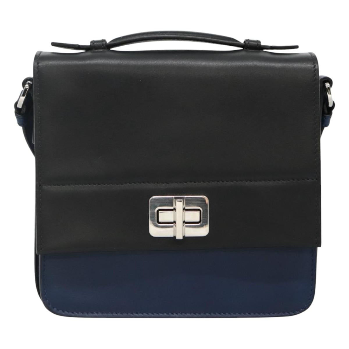PRADA Shoulder Bag Leather Black Blue Auth am7706