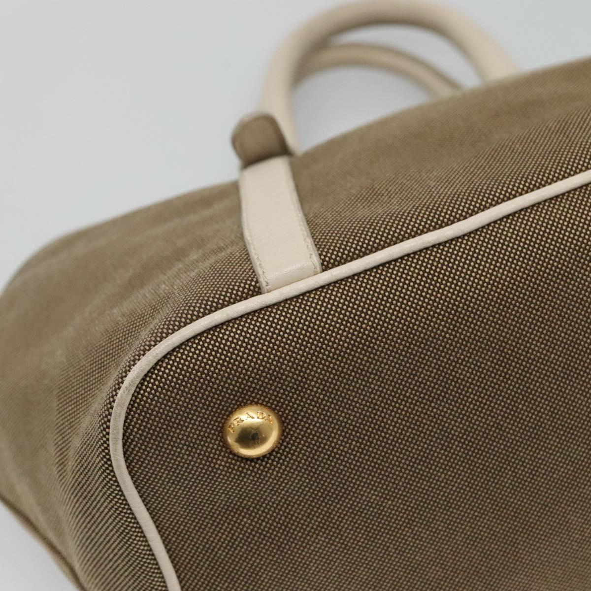 PRADA Hand Bag Canvas Leather Beige White gold Auth am7707
