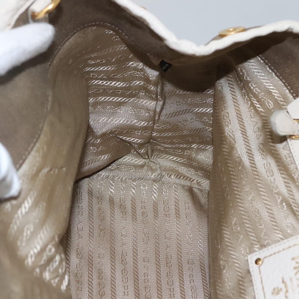 PRADA Hand Bag Canvas Leather Beige White gold Auth am7707