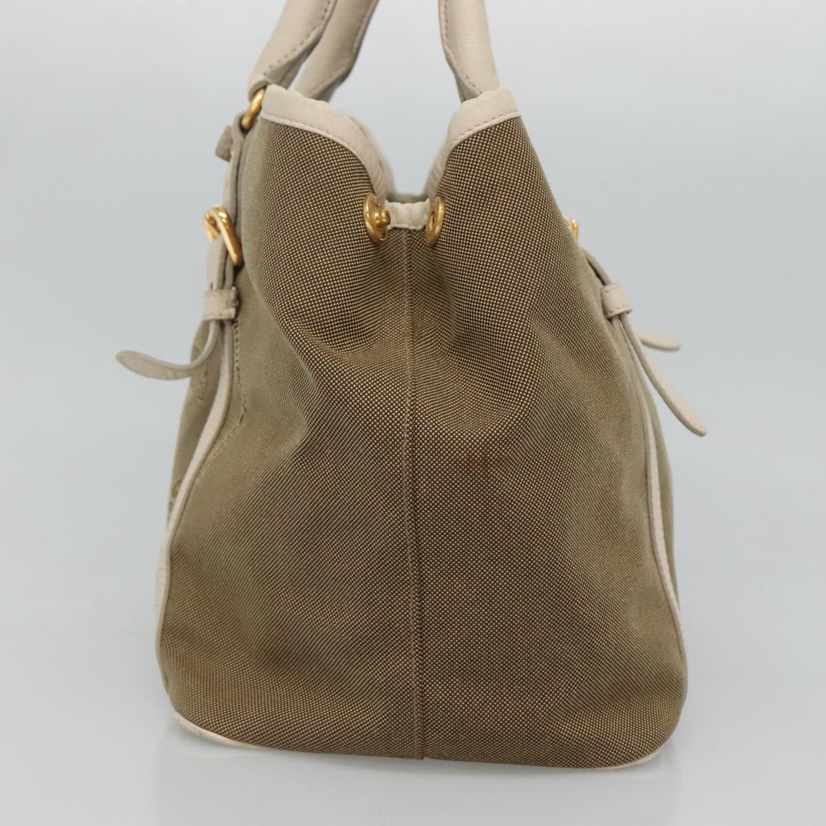 PRADA Hand Bag Canvas Leather Beige White gold Auth am7707