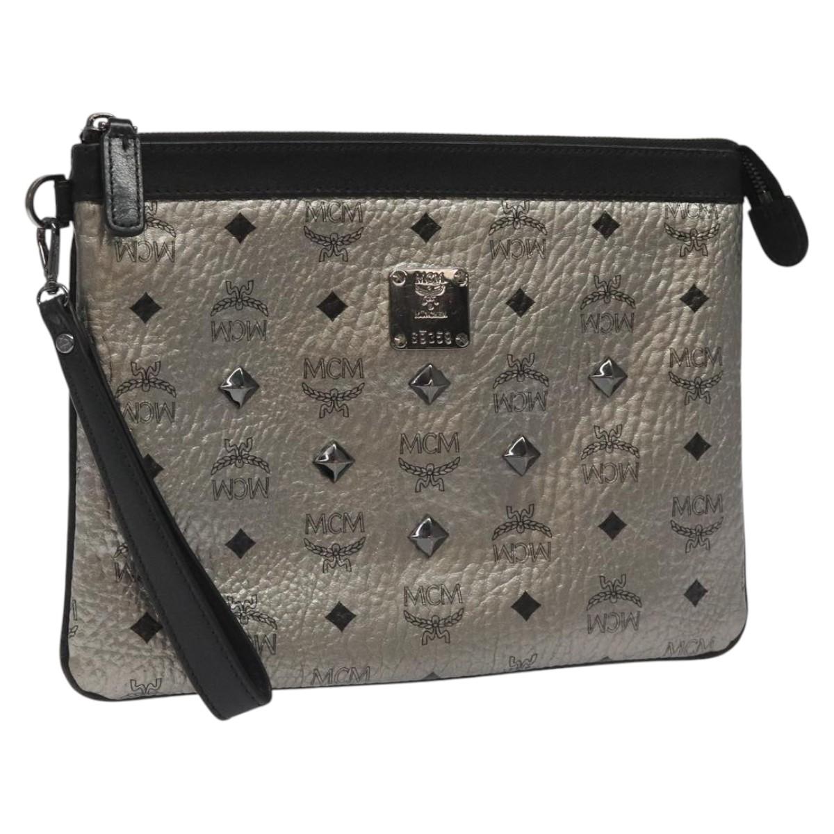 MCM Vicetos Logogram Clutch Bag PVC Leather Silver Auth am7725