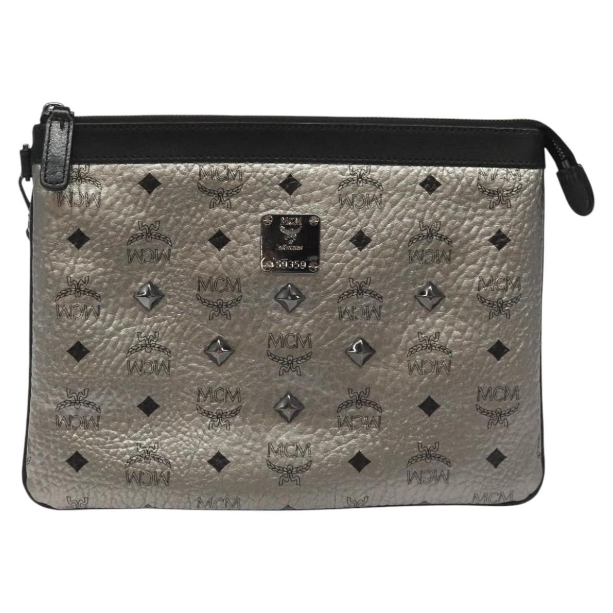 MCM Vicetos Logogram Clutch Bag PVC Leather Silver Auth am7725