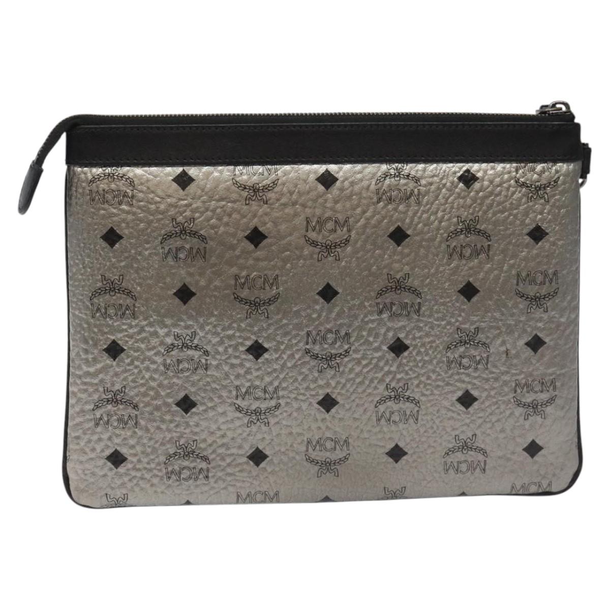 MCM Vicetos Logogram Clutch Bag PVC Leather Silver Auth am7725