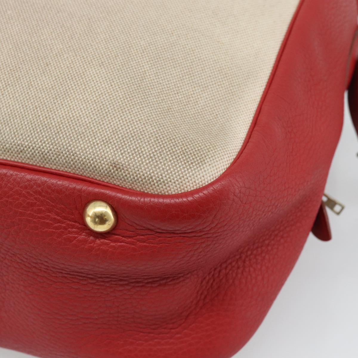 HERMES Victoria Square Hand Bag Coated Canvas Leather Beige Red gold Auth am7833