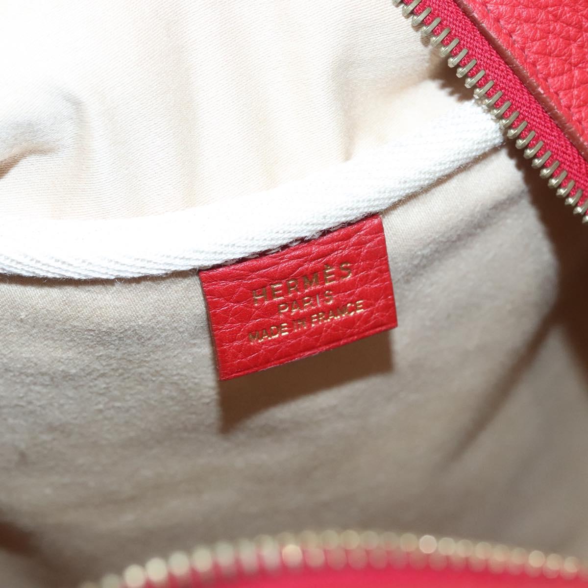 HERMES Victoria Square Hand Bag Coated Canvas Leather Beige Red gold Auth am7833