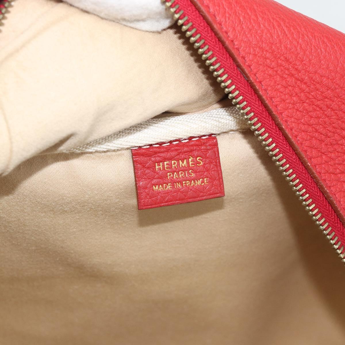 HERMES Victoria Square Hand Bag Coated Canvas Leather Beige Red gold Auth am7833