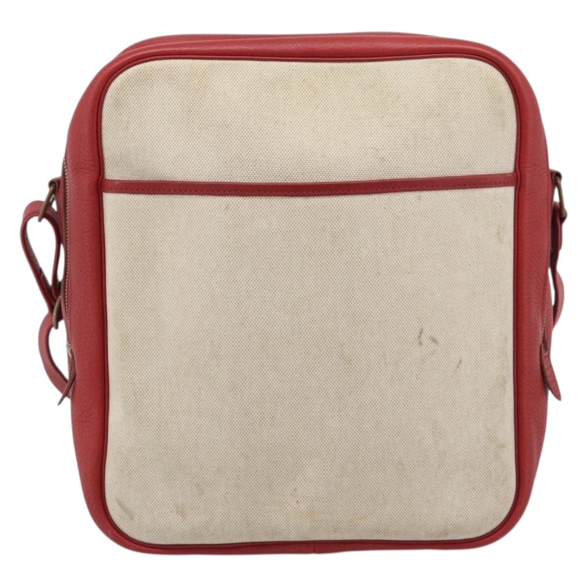 HERMES Victoria Square Hand Bag Coated Canvas Leather Beige Red gold Auth am7833