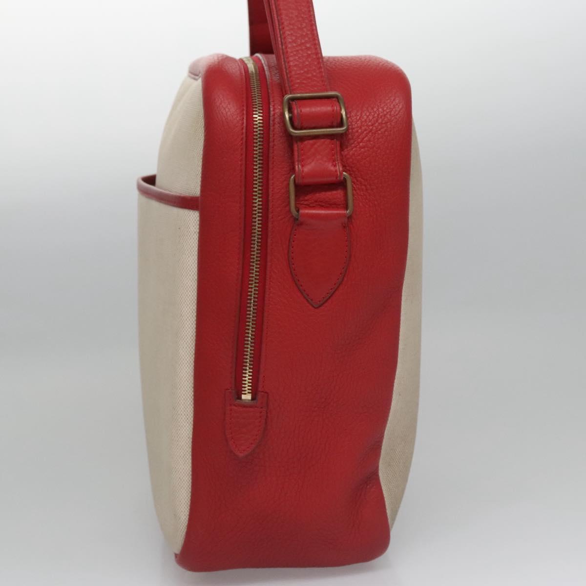 HERMES Victoria Square Hand Bag Coated Canvas Leather Beige Red gold Auth am7833