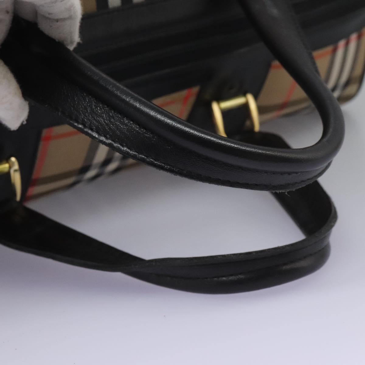 Burberrys Nova Check Boston Bag Leather Canvas Beige Black gold Auth am7839