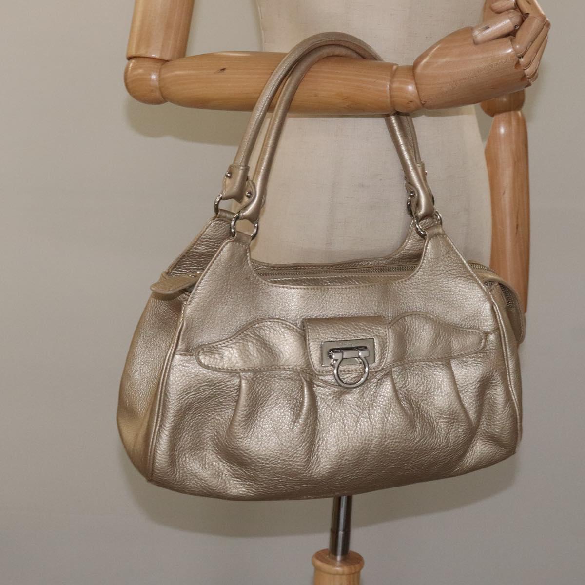 Salvatore Ferragamo Gancini Hand Bag Leather Gold Auth am7952