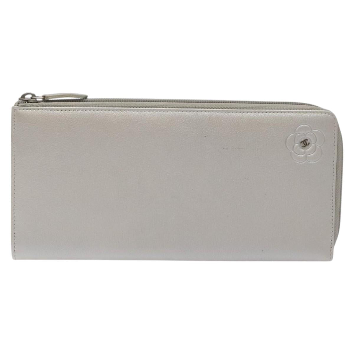 CHANEL Camelia Long Wallet Leather Silver CC Auth am7960