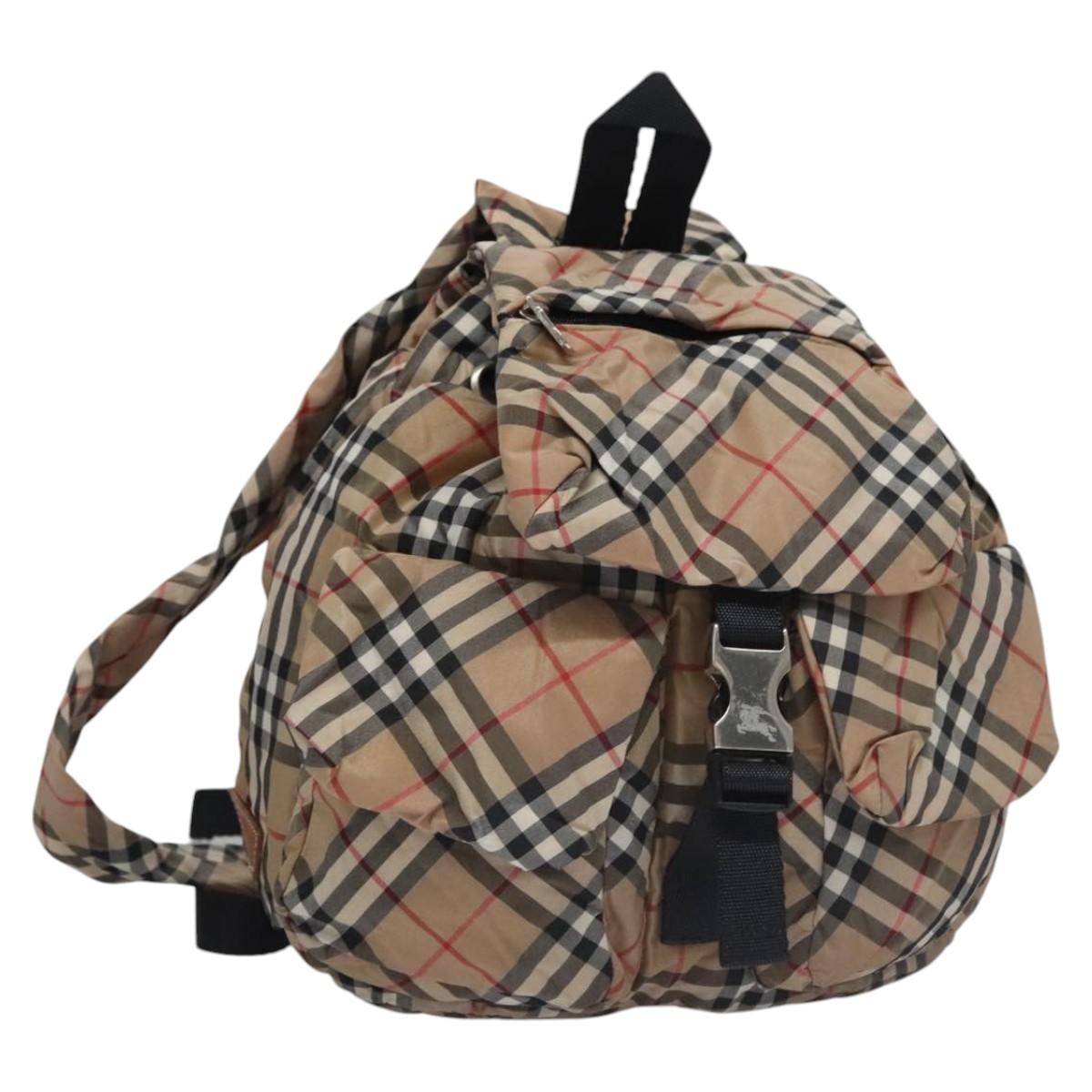BURBERRY Nova Check Blue Label Backpack Nylon Beige Silver Auth am7971
