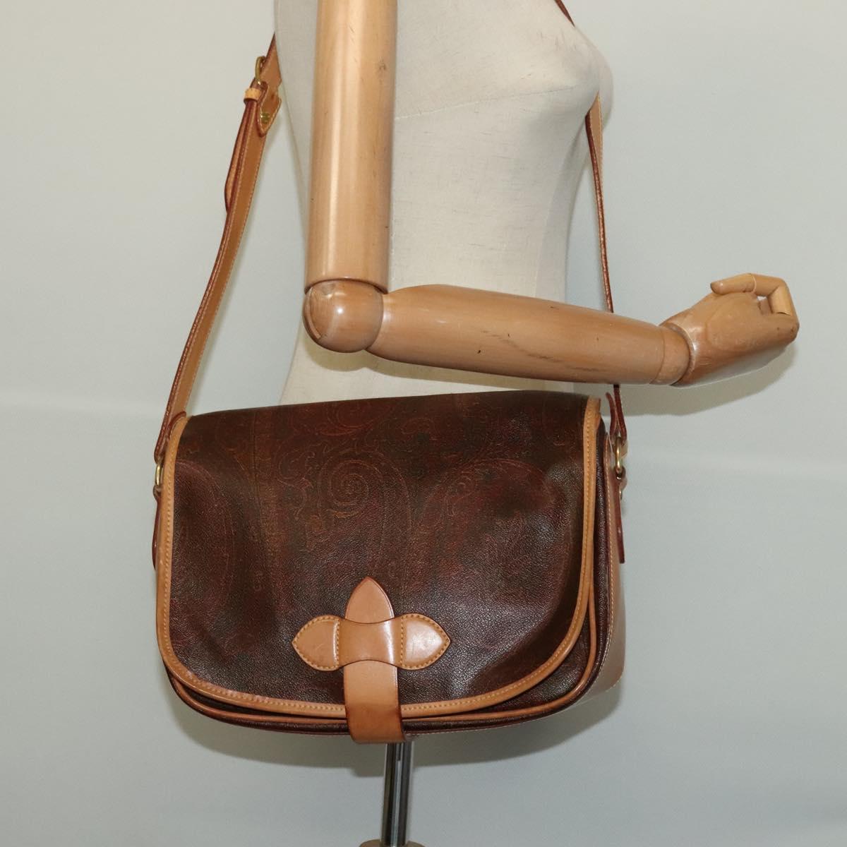 ETRO Paisley Shoulder Bag PVC Leather Brown Gold Auth am8067