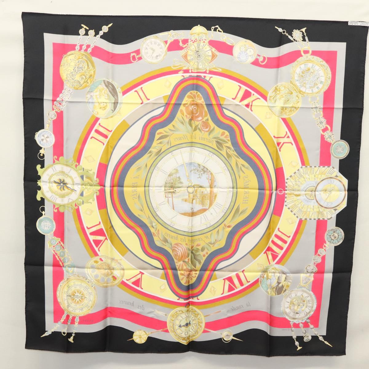 HERMES Carre 90 ""Parmi les fleurs je compte les heures"" Black Auth am8152