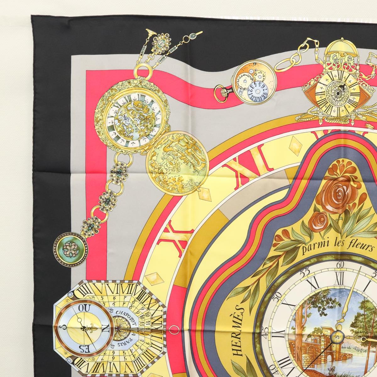 HERMES Carre 90 ""Parmi les fleurs je compte les heures"" Black Auth am8152