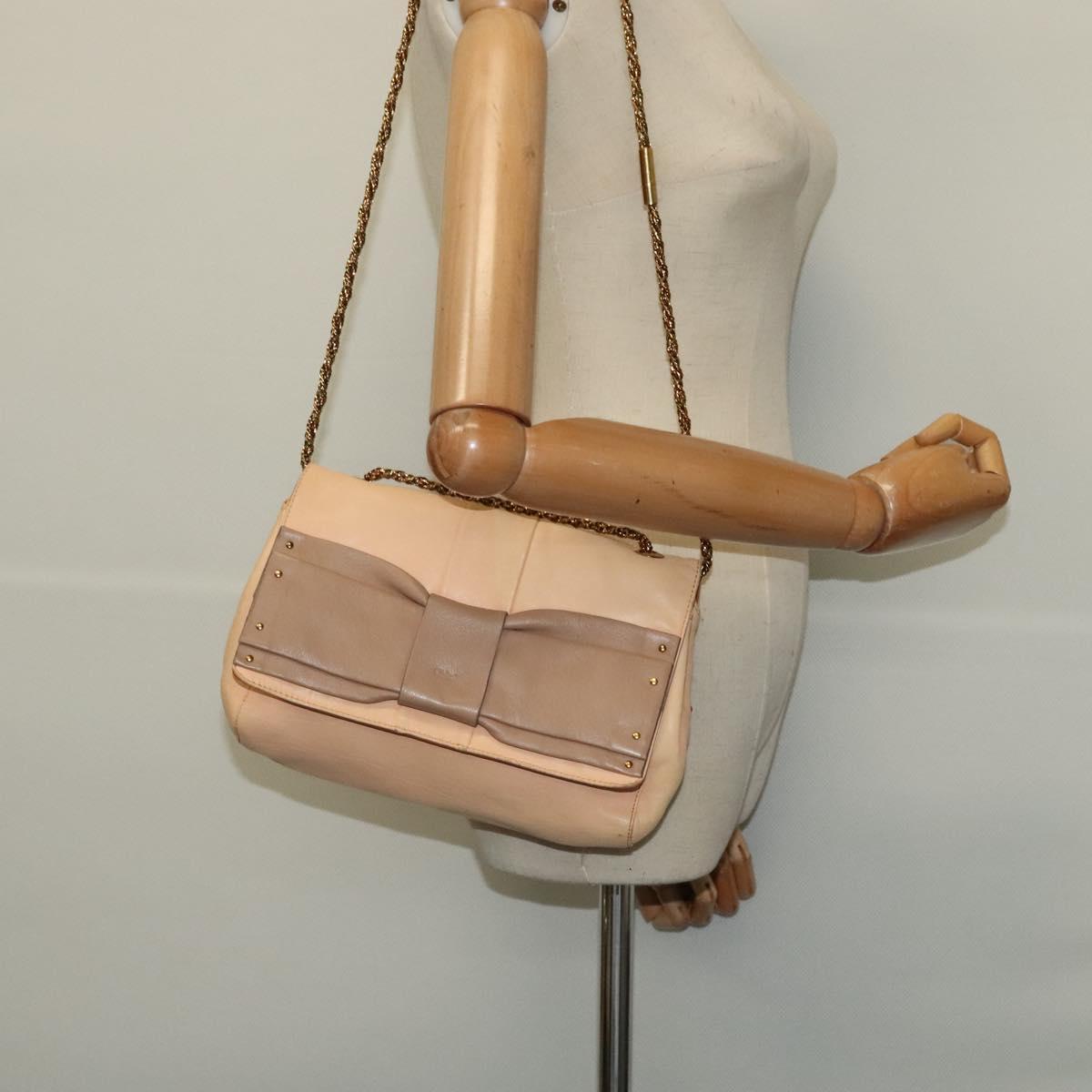 Chloe Chain Shoulder Bag Leather Beige Gold Auth am8219