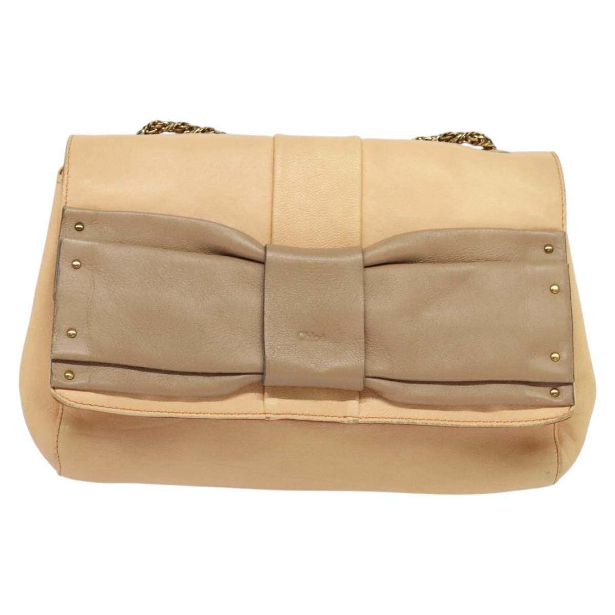 Chloe Chain Shoulder Bag Leather Beige Gold Auth am8219