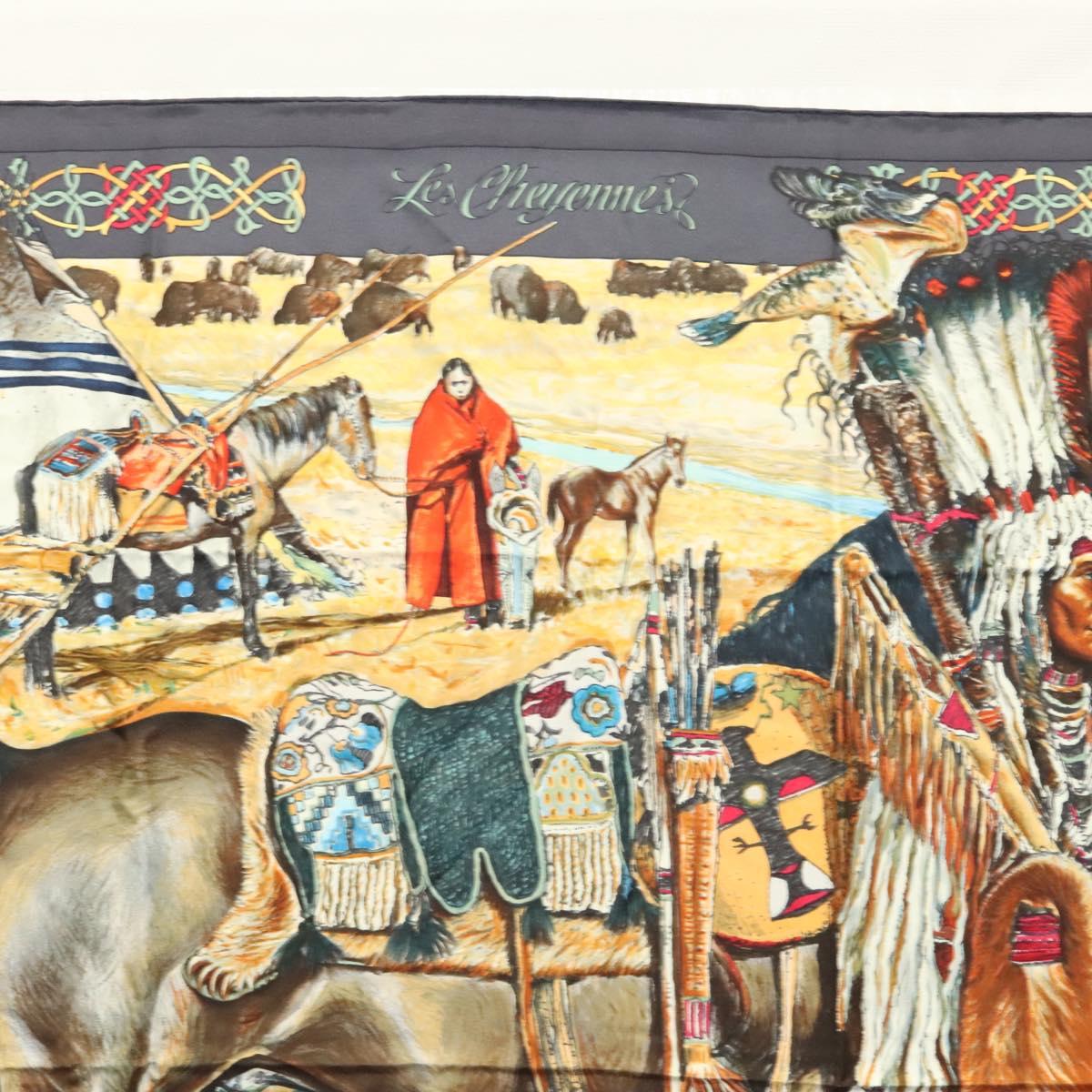 HERMES Carre 90 Scarf ""Les Cheyennes"" Silk Brown Auth am8278