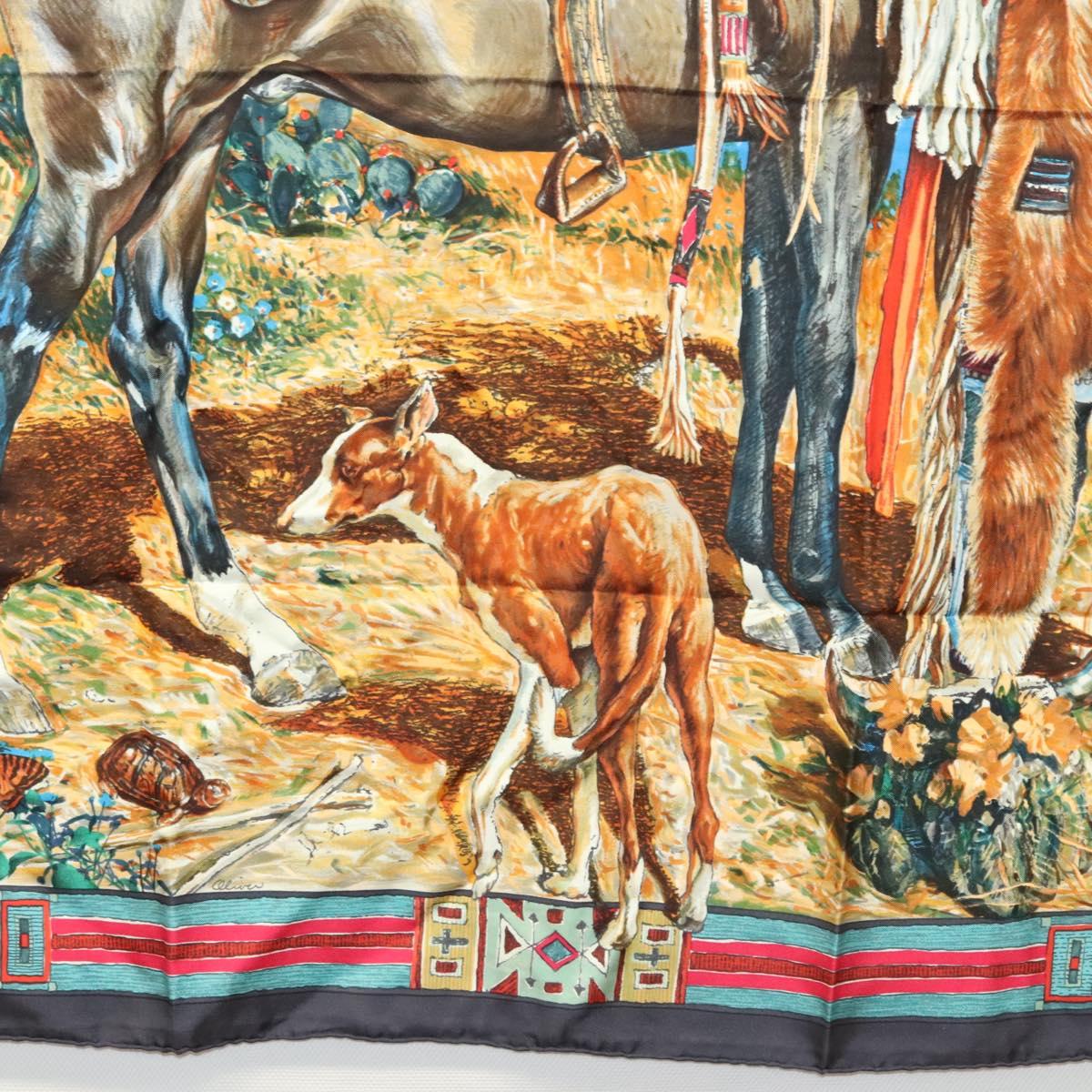 HERMES Carre 90 Scarf ""Les Cheyennes"" Silk Brown Auth am8278