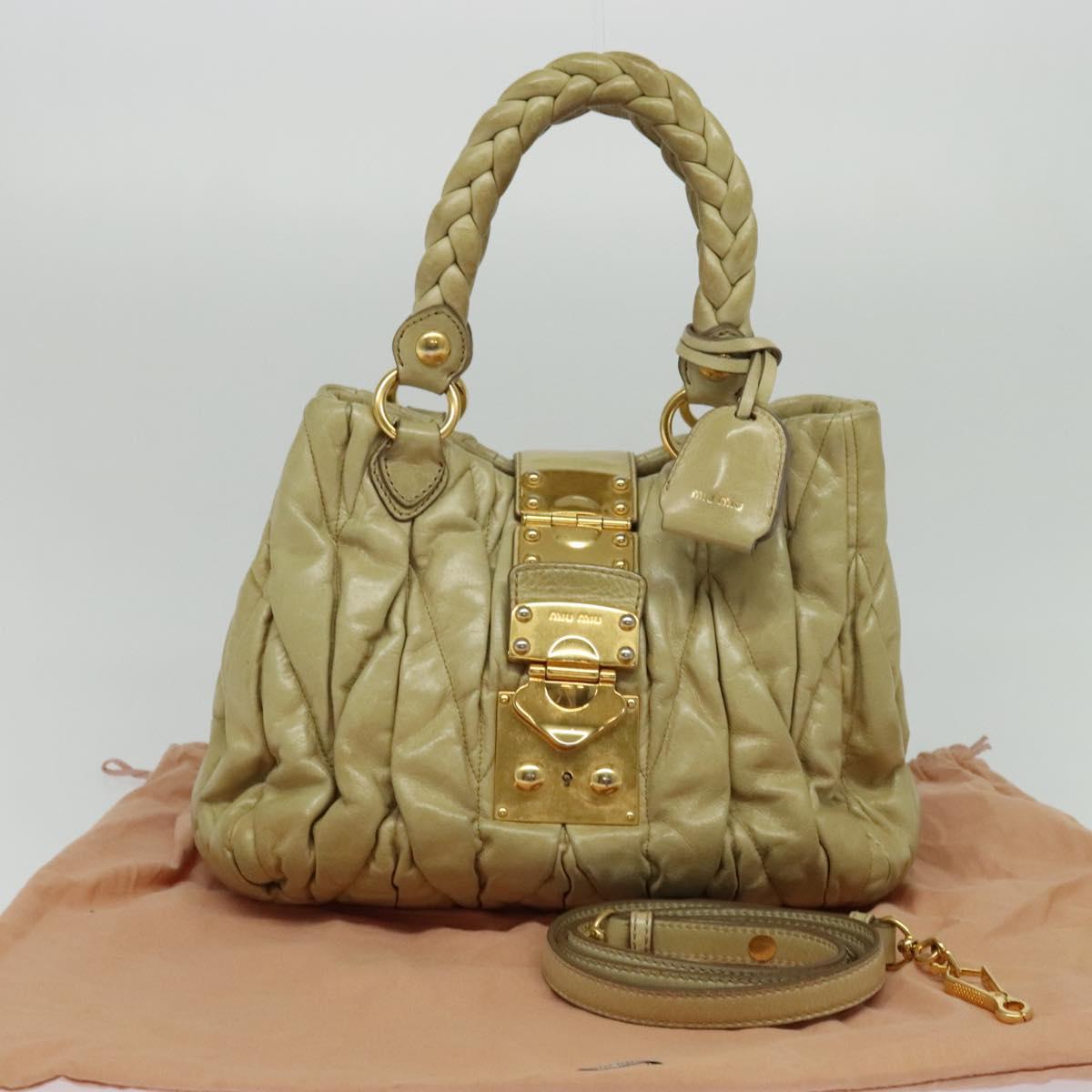 Miu Miu Matelasse Hand Bag Leather 2way Beige Gold Auth am8291