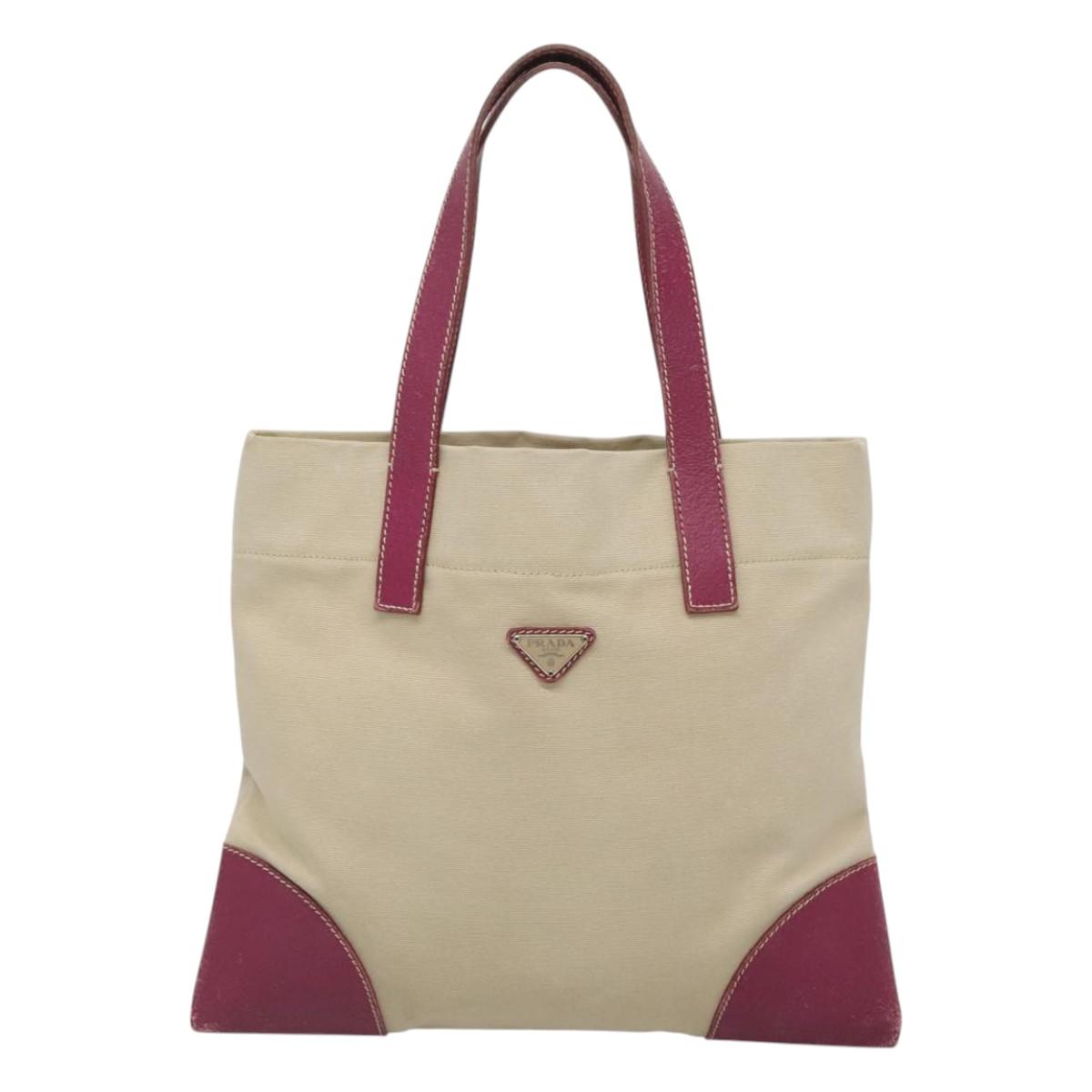 PRADA Hand Bag Canvas Leather Beige Purple Silver Auth am8322