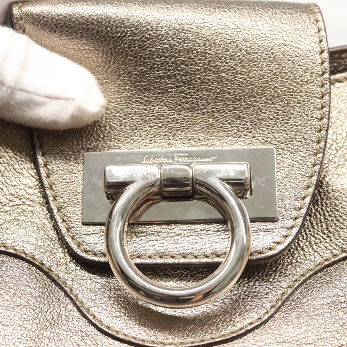 Salvatore Ferragamo Gancini Hand Bag Leather Gold Tone Silver Auth am8396