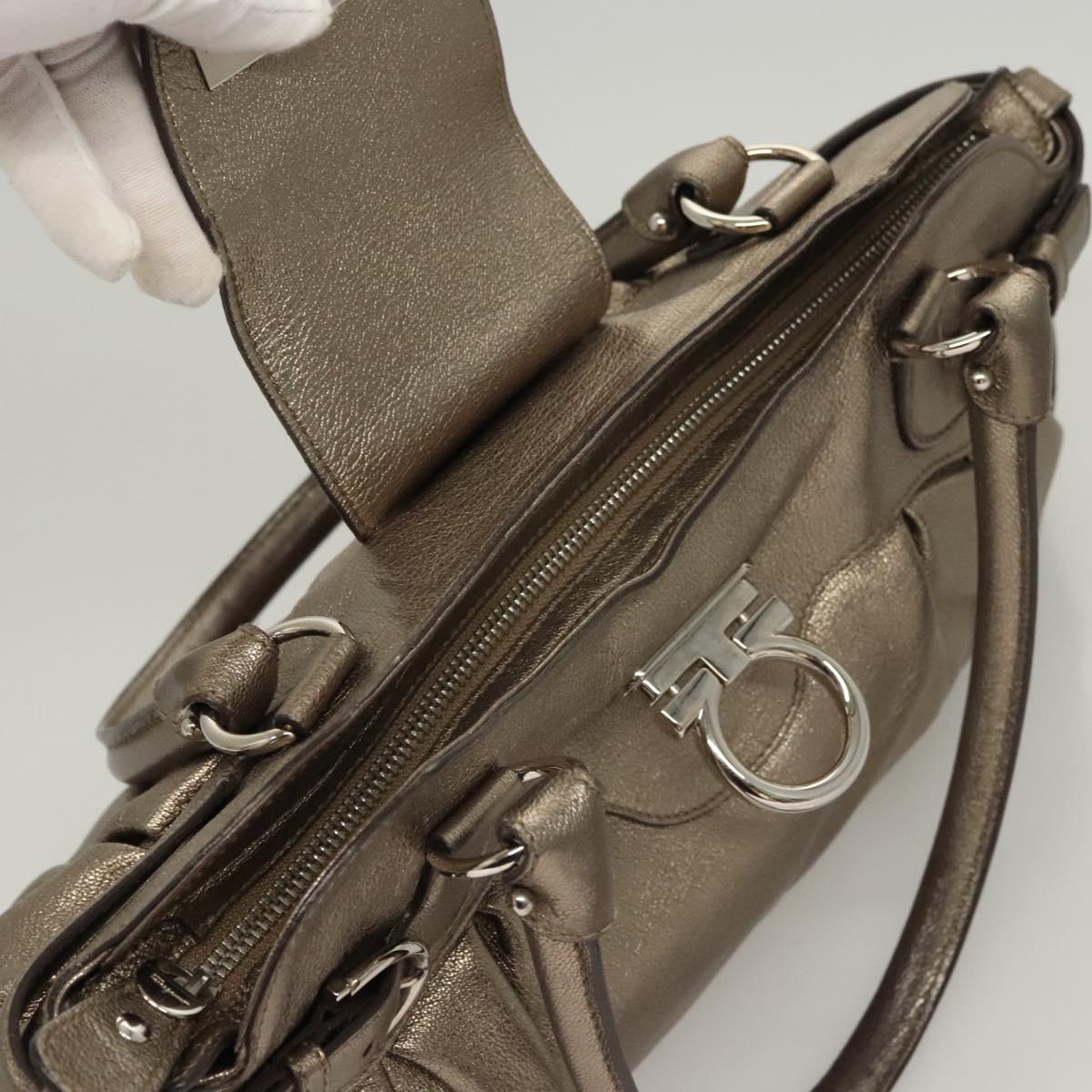 Salvatore Ferragamo Gancini Hand Bag Leather Gold Tone Silver Auth am8396