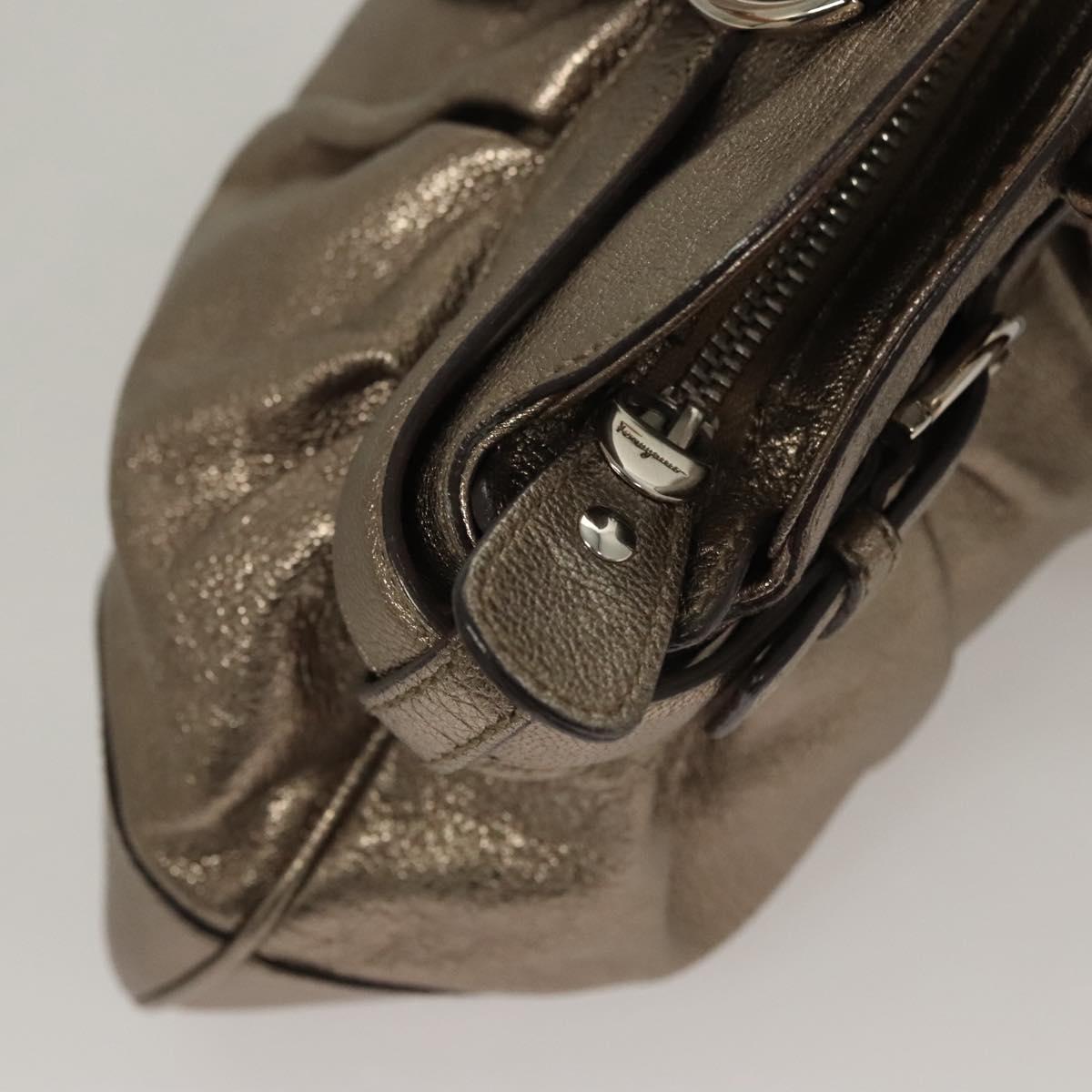 Salvatore Ferragamo Gancini Hand Bag Leather Gold Tone Silver Auth am8396