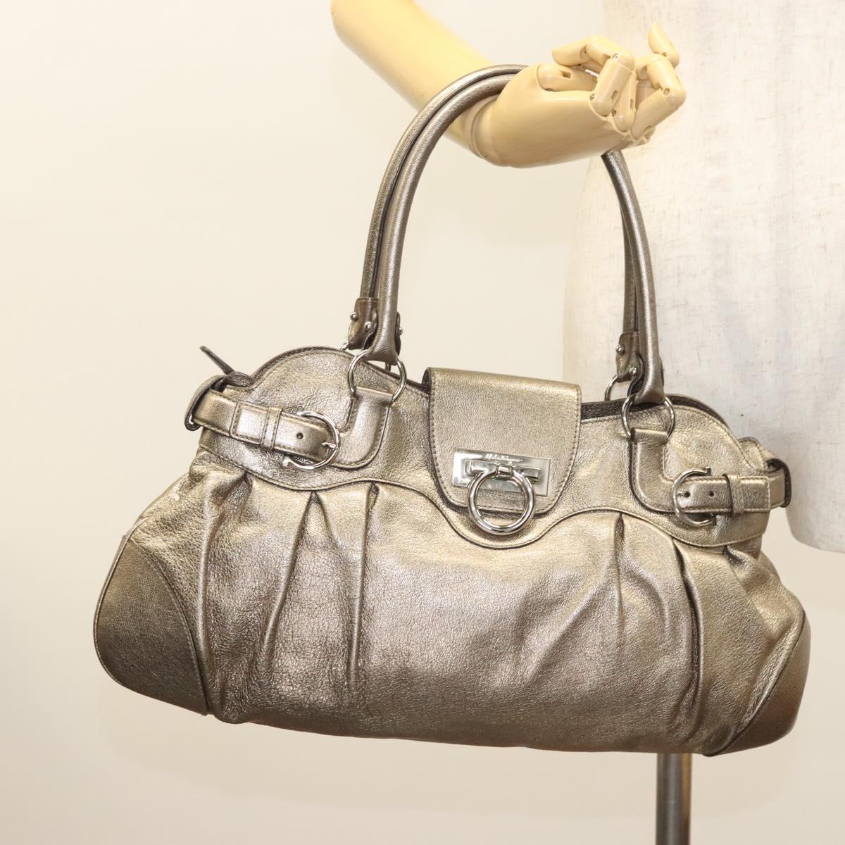 Salvatore Ferragamo Gancini Hand Bag Leather Gold Tone Silver Auth am8396