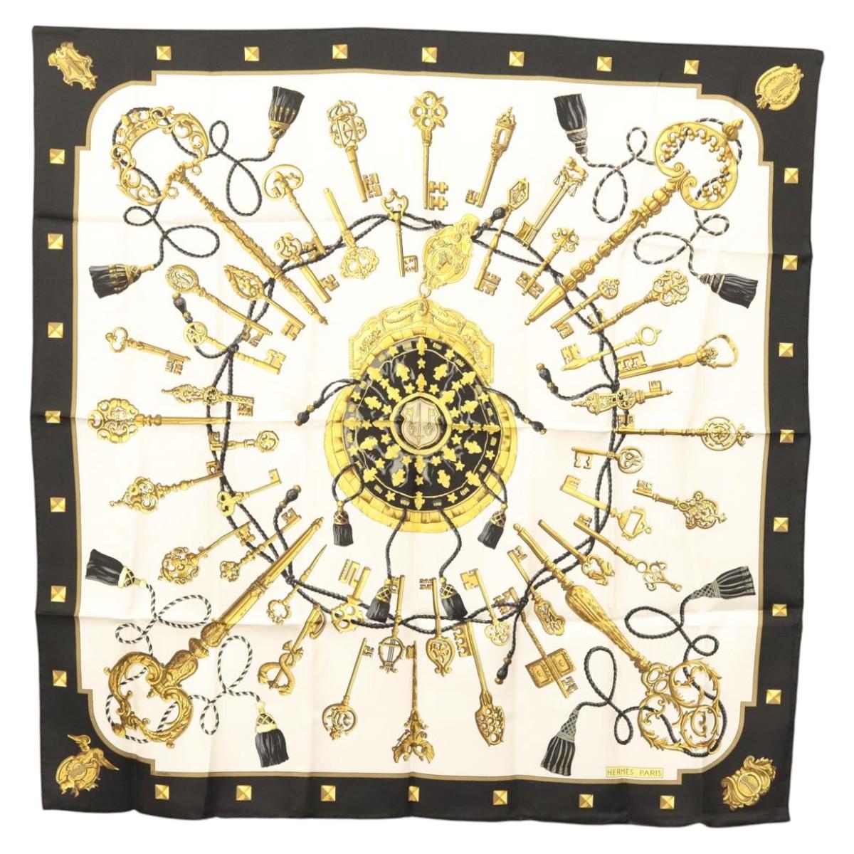 HERMES Carre 90 Scarf ""LES CLES THE KEYS RARE"" Silk White Auth am8434