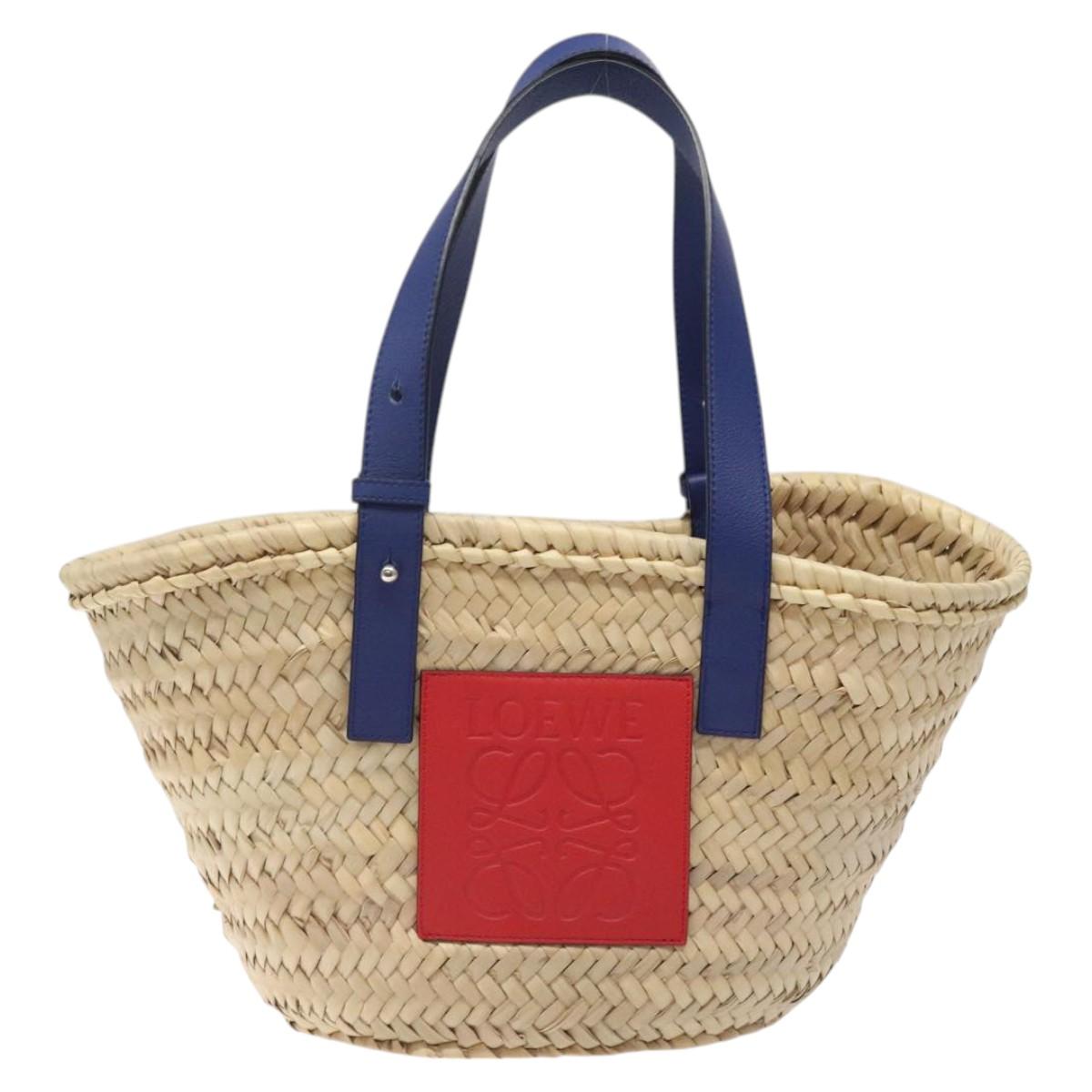 LOEWE Anagram Basket bag Hand Bag Raffia Leather Beige Red Silver Auth am8437