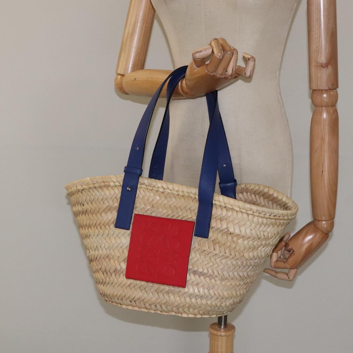 LOEWE Anagram Basket bag Hand Bag Raffia Leather Beige Red Silver Auth am8437