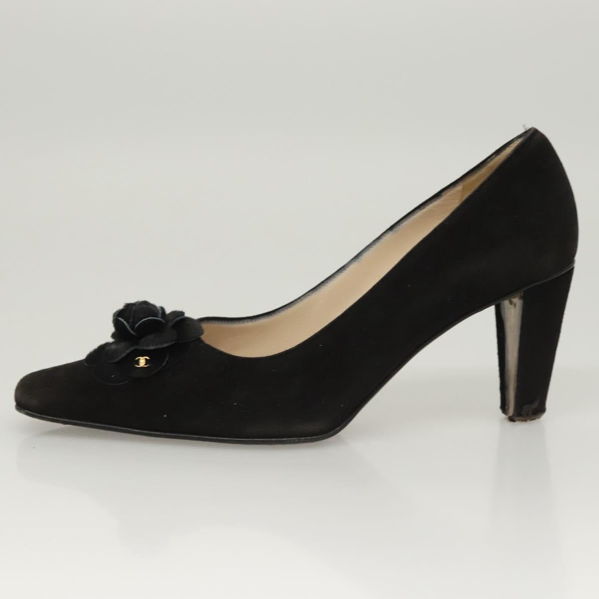 CHANEL Pumps shoes Suede Black CC Auth am8442
