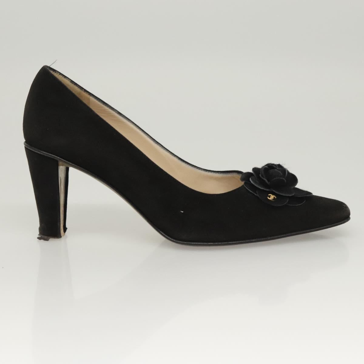CHANEL Pumps shoes Suede Black CC Auth am8442