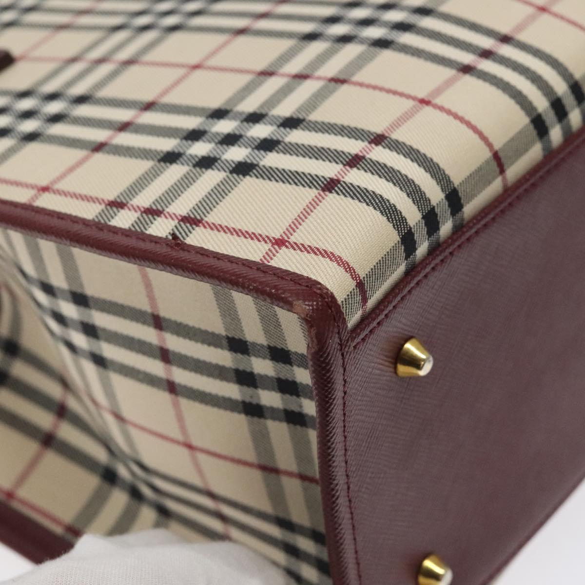 BURBERRY Nova Check Hand Bag Canvas Beige Wine Red gold Auth am8471