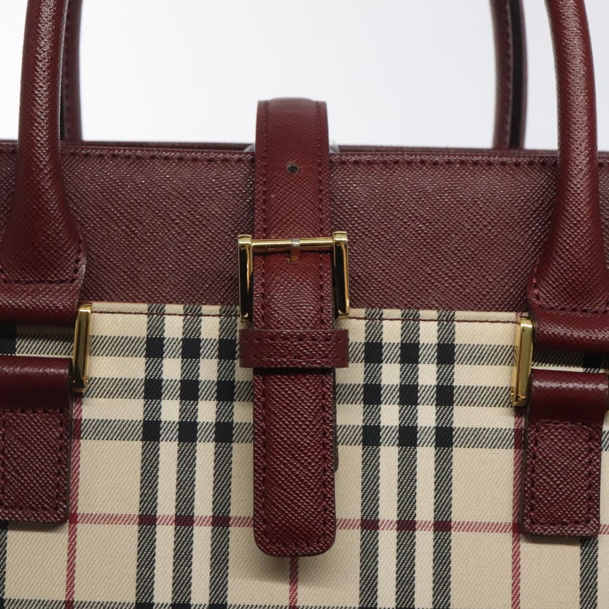 BURBERRY Nova Check Hand Bag Canvas Beige Wine Red gold Auth am8471