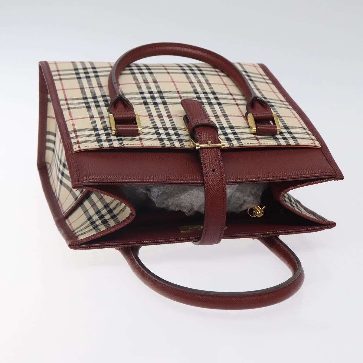 BURBERRY Nova Check Hand Bag Canvas Beige Wine Red gold Auth am8471