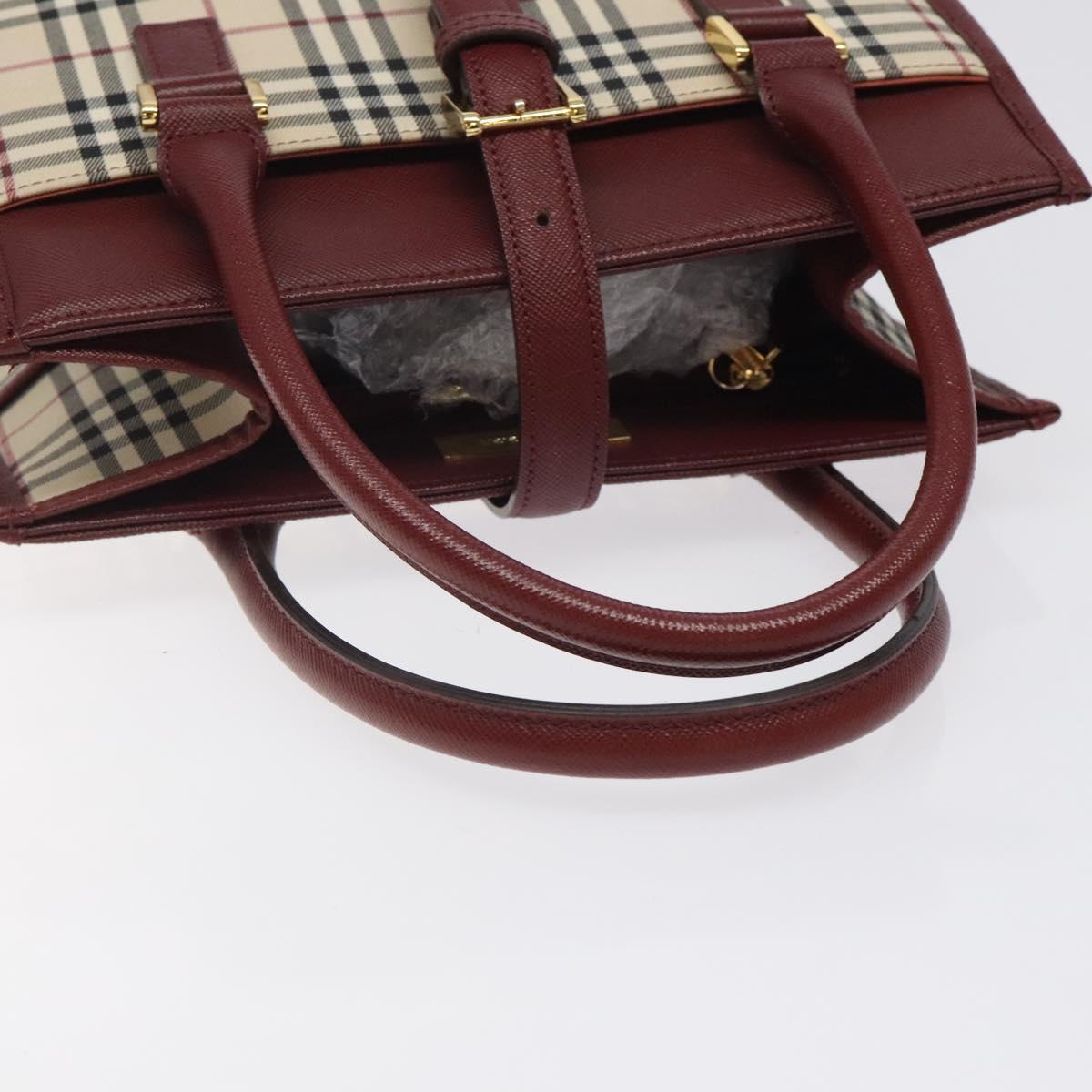 BURBERRY Nova Check Hand Bag Canvas Beige Wine Red gold Auth am8471