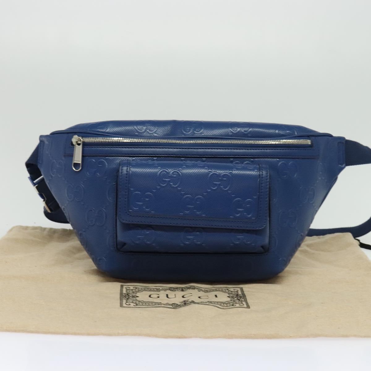 GUCCI GG Emboss Body Bag Silver Blue 645093 Auth am8486