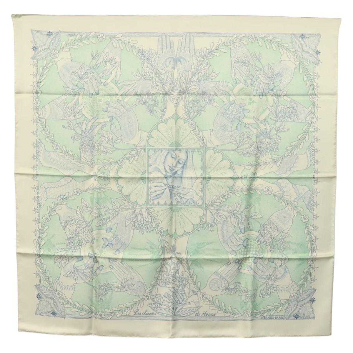 HERMES Carre 90 Scarf ""Les chants du Henne"" Silk Peppermint Auth am8731