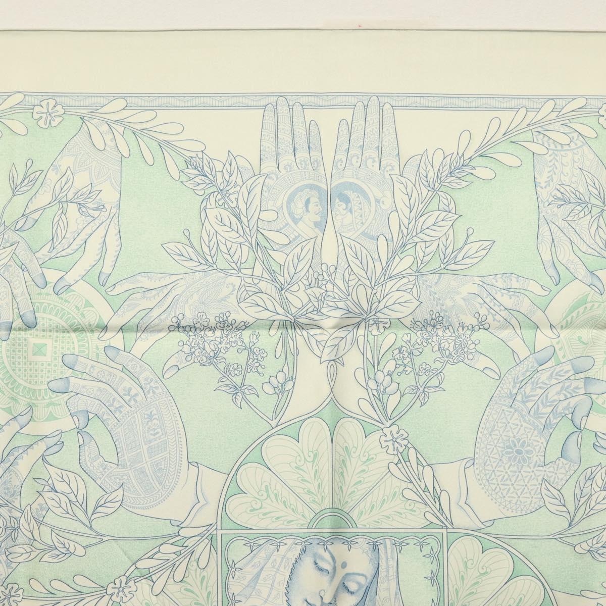 HERMES Carre 90 Scarf ""Les chants du Henne"" Silk Peppermint Auth am8731