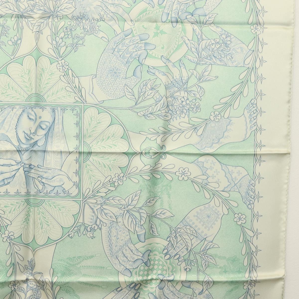 HERMES Carre 90 Scarf ""Les chants du Henne"" Silk Peppermint Auth am8731