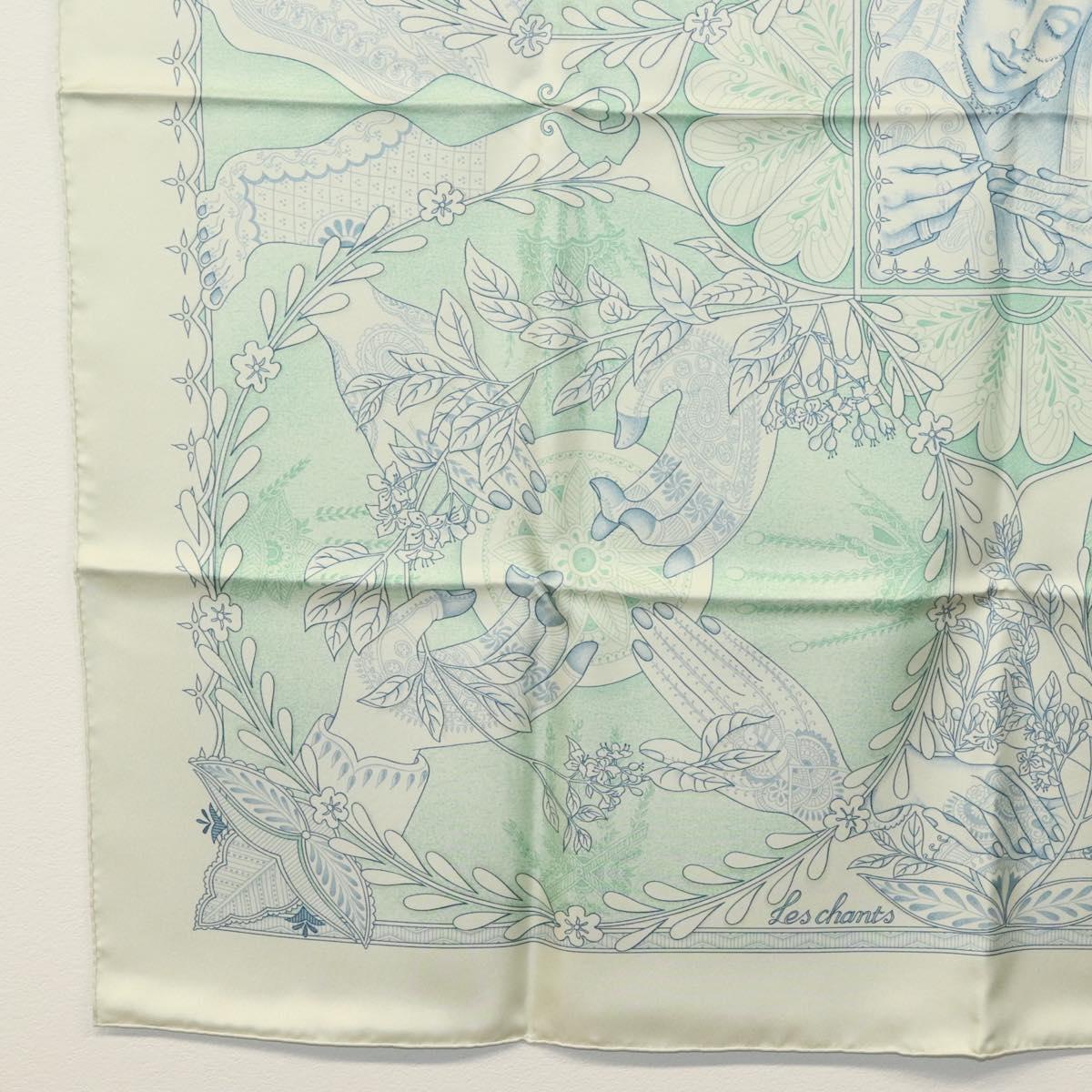 HERMES Carre 90 Scarf ""Les chants du Henne"" Silk Peppermint Auth am8731