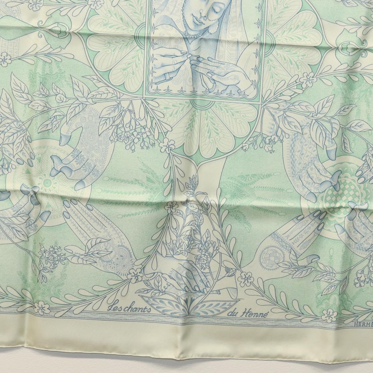 HERMES Carre 90 Scarf ""Les chants du Henne"" Silk Peppermint Auth am8731