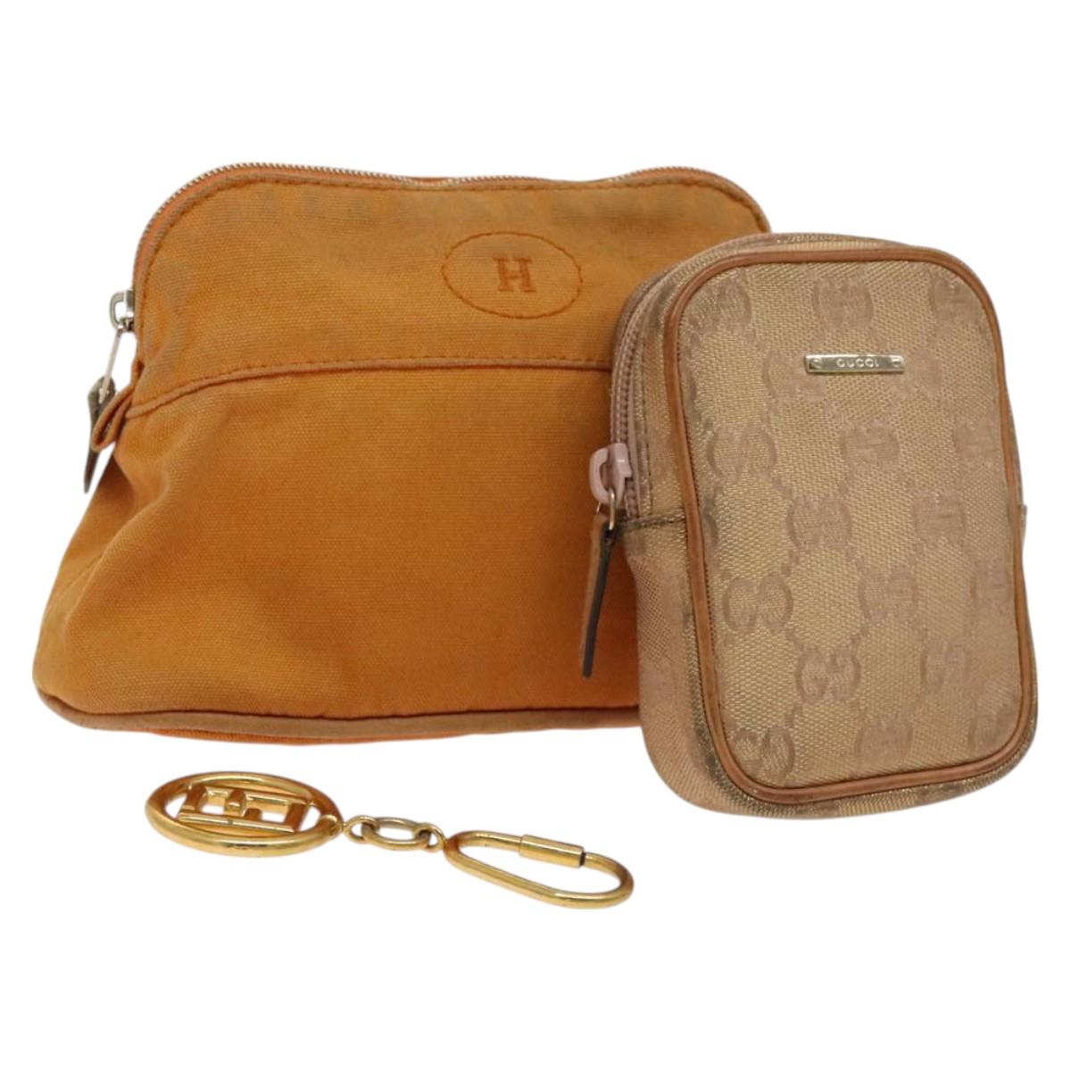 GUCCI Hermes Fendi Canvas Pouch Canvas Metal 3Set Beige Orange gold Auth am8795