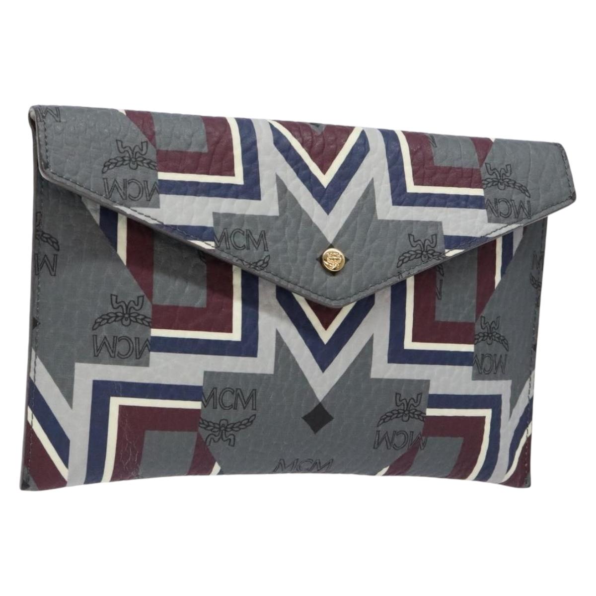 MCM Logogram Vicetos Clutch Bag PVC Leather Gray Gold Auth am8856