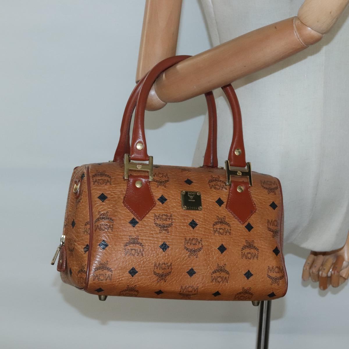 MCM Logogram Vicetos Boston Bag PVC Leather Brown Gold Auth am8857